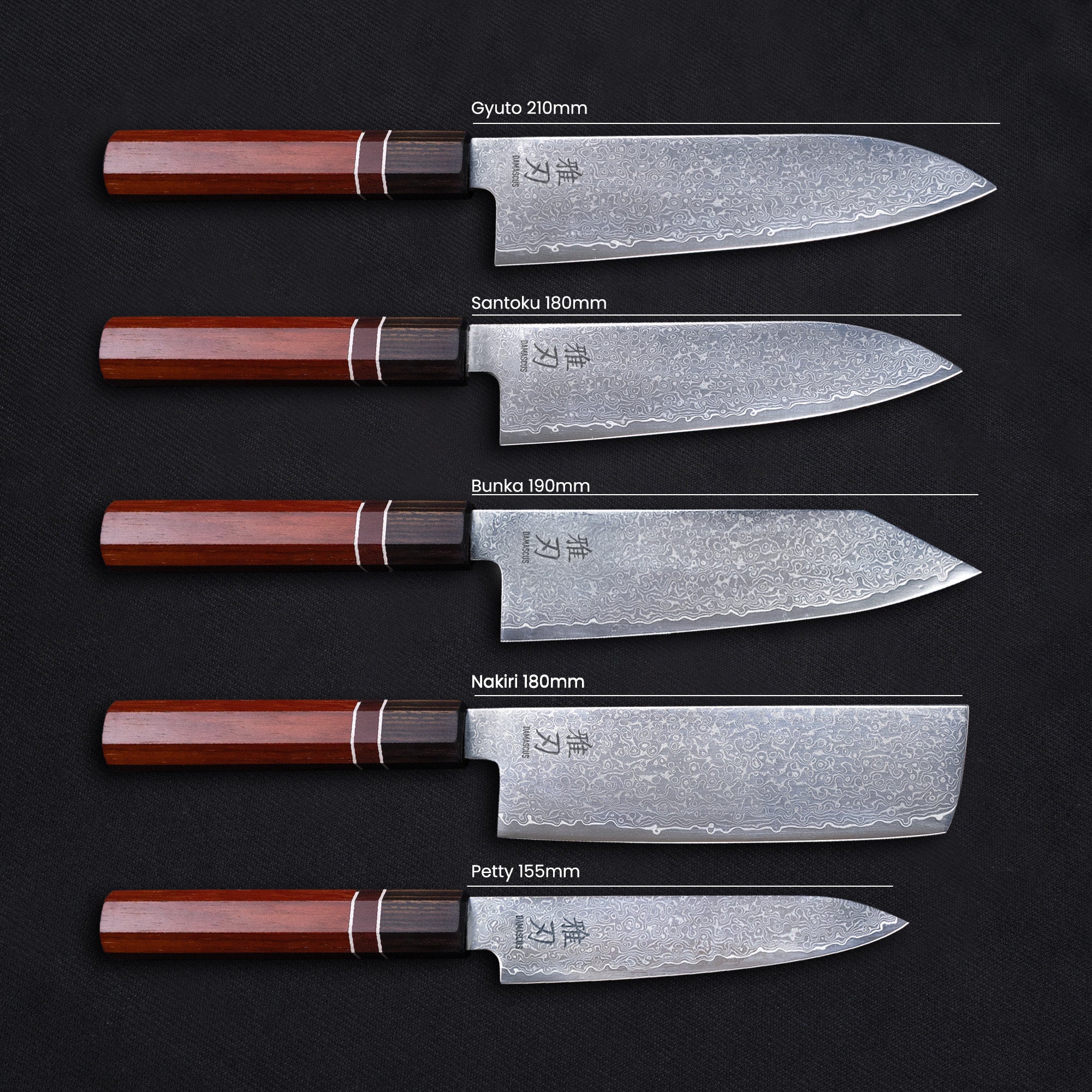 Complete 5-Piece Knife Set - Damascus VG10 Ebony Wood Handle - Image 2